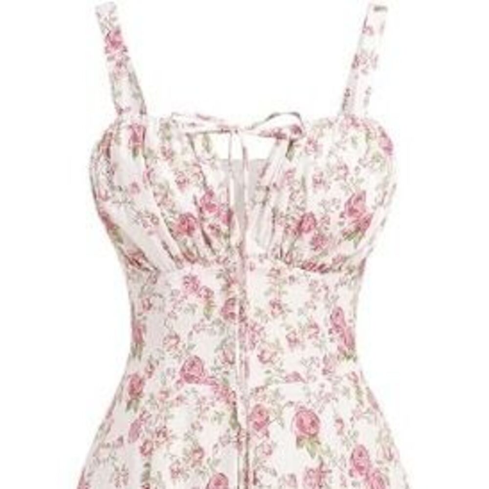 Floral Midi Corset Dress: Women Boho Flowy Slit Lace Up Dresses S